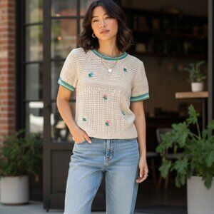 Zara Top Blouse Crochet Open Knit Shirt Cream Cotton Boho Festival Womens sz XS